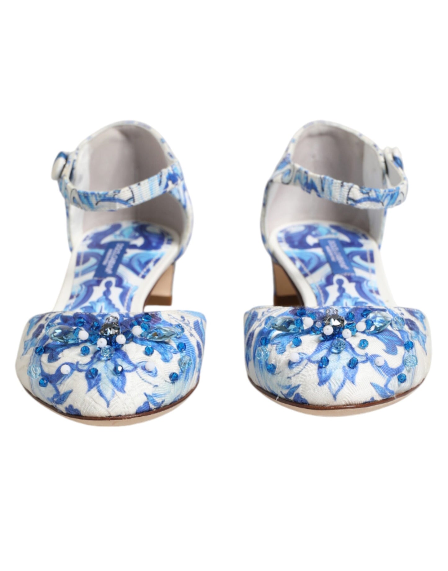 Dolce & Gabbana White Blue Floral Crystal Ankle Straps Shoes