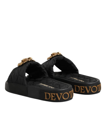 Dolce & Gabbana Black Devotion Matelassé Leather Slides Shoes
