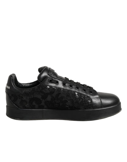 Dolce & Gabbana Black Floral Lace Low Top Sneakers Shoes