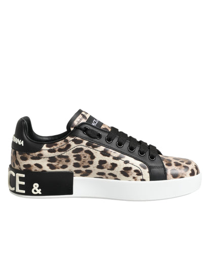 Dolce & Gabbana Brown Leather Leopard Low Top Sneakers Shoes