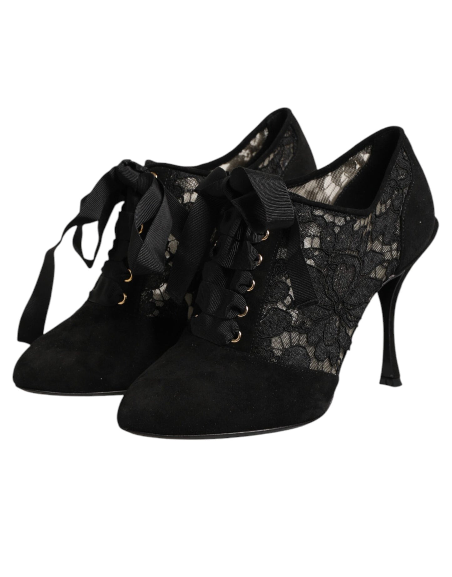 Dolce & Gabbana Black Floral High Heels LACE-UPS Pumps Shoes