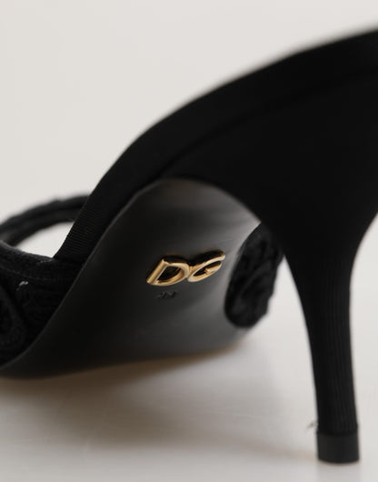 Dolce & Gabbana Black Embroidered Slip On Heels Slides Shoes
