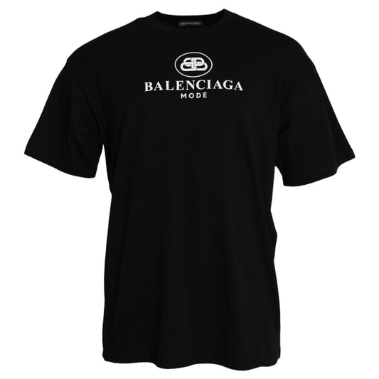 Balenciaga Black Cotton Logo Print Crew Neck Short Sleeves T-shirt