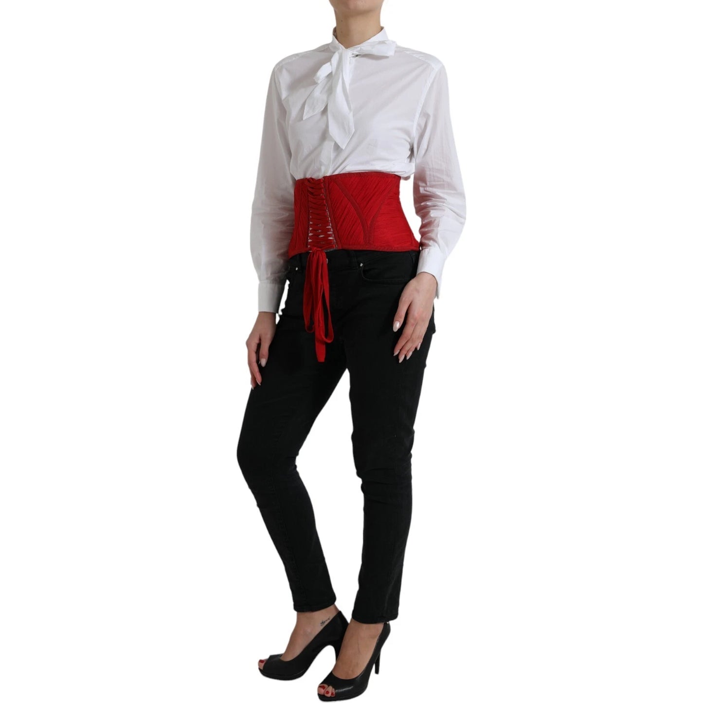 Dolce & Gabbana Red Silk Belt Waist Lace Up Strap Corset
