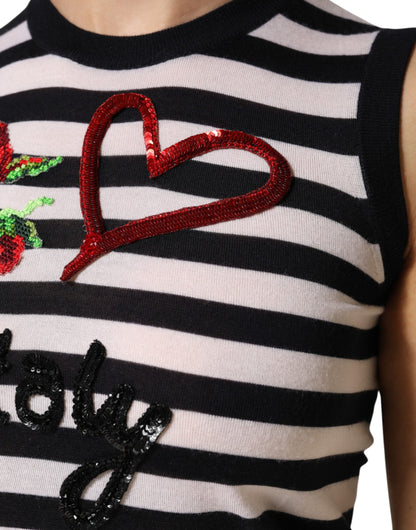 Dolce &amp; Gabbana Ärmelloses Top aus schwarzem und weißem Kaschmir und Seide