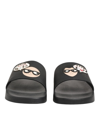 Dolce & Gabbana Black Leather Slides Sandals Beachwear Shoes