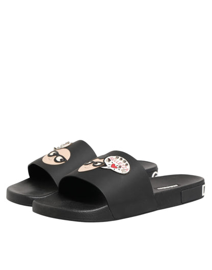 Dolce & Gabbana Black Leather Slides Sandals Beachwear Shoes