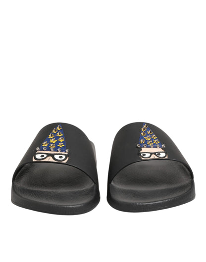 Dolce & Gabbana Black Leather Slides Sandals Beachwear Shoes