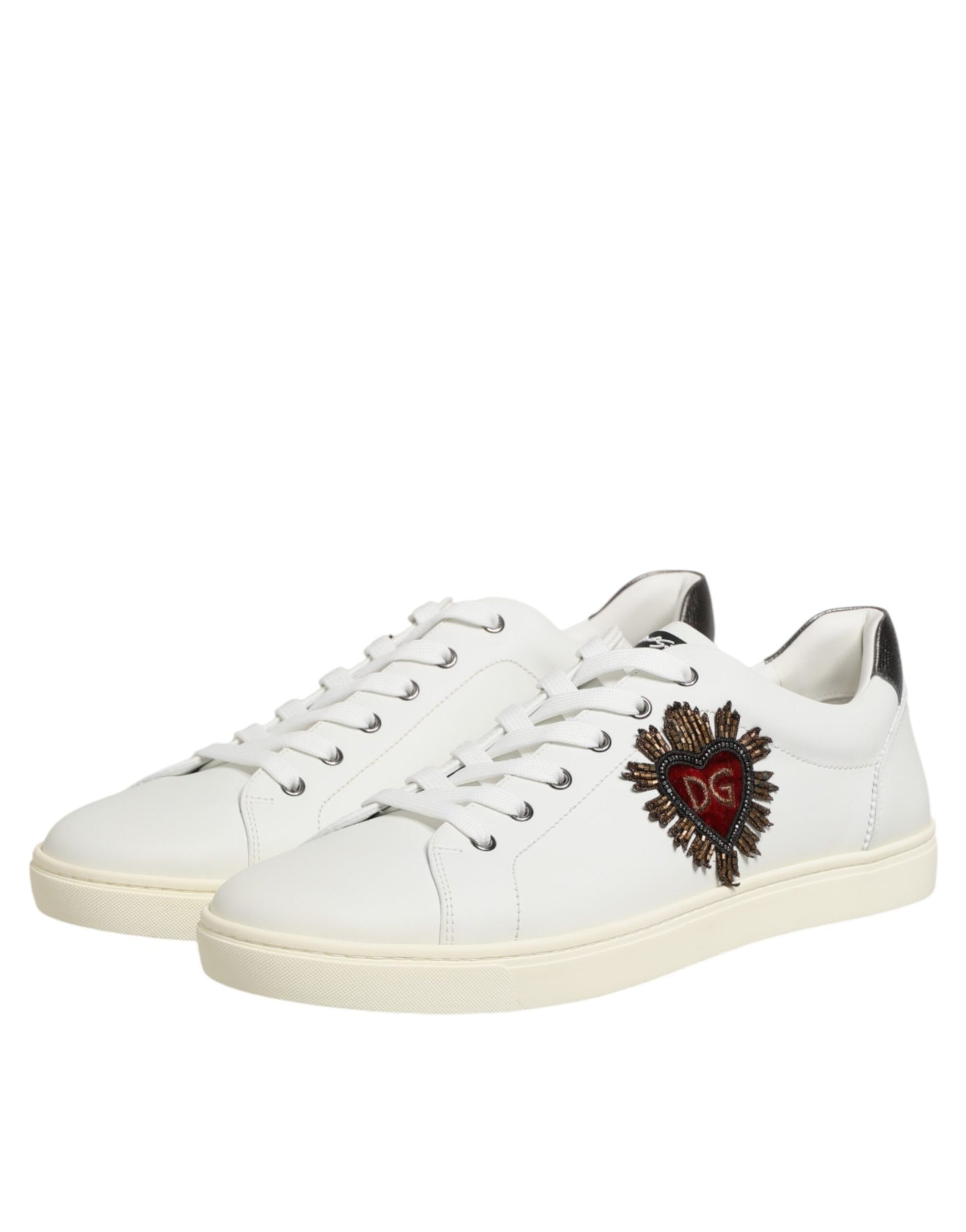 Dolce & Gabbana White Leather Heart Embellished Sneakers Shoes