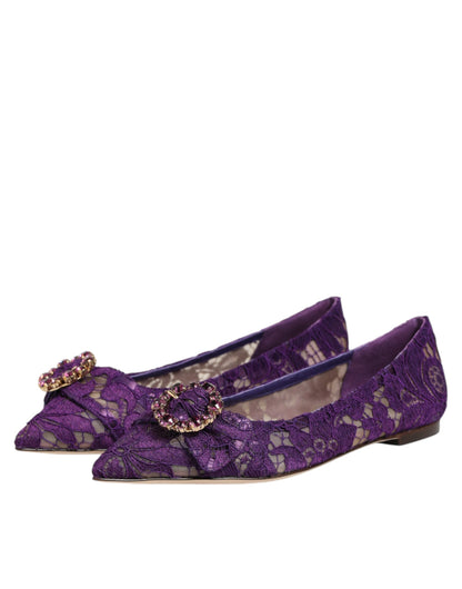 Dolce & Gabbana Purple Taormina Lace Crystals Flats Shoes