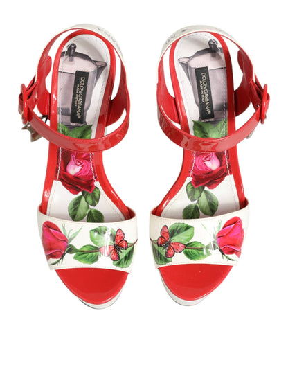 Dolce & Gabbana White Floral Ankle Strap Wedge Sandals Shoes