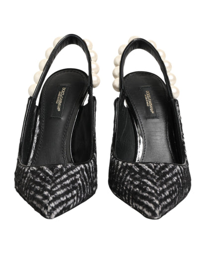 Dolce & Gabbana White Black Chevron Faux Pearl Slingbacks Shoes