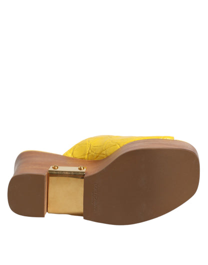 Dolce & Gabbana Yellow Leather Wood Mule Wedge Slides Shoes