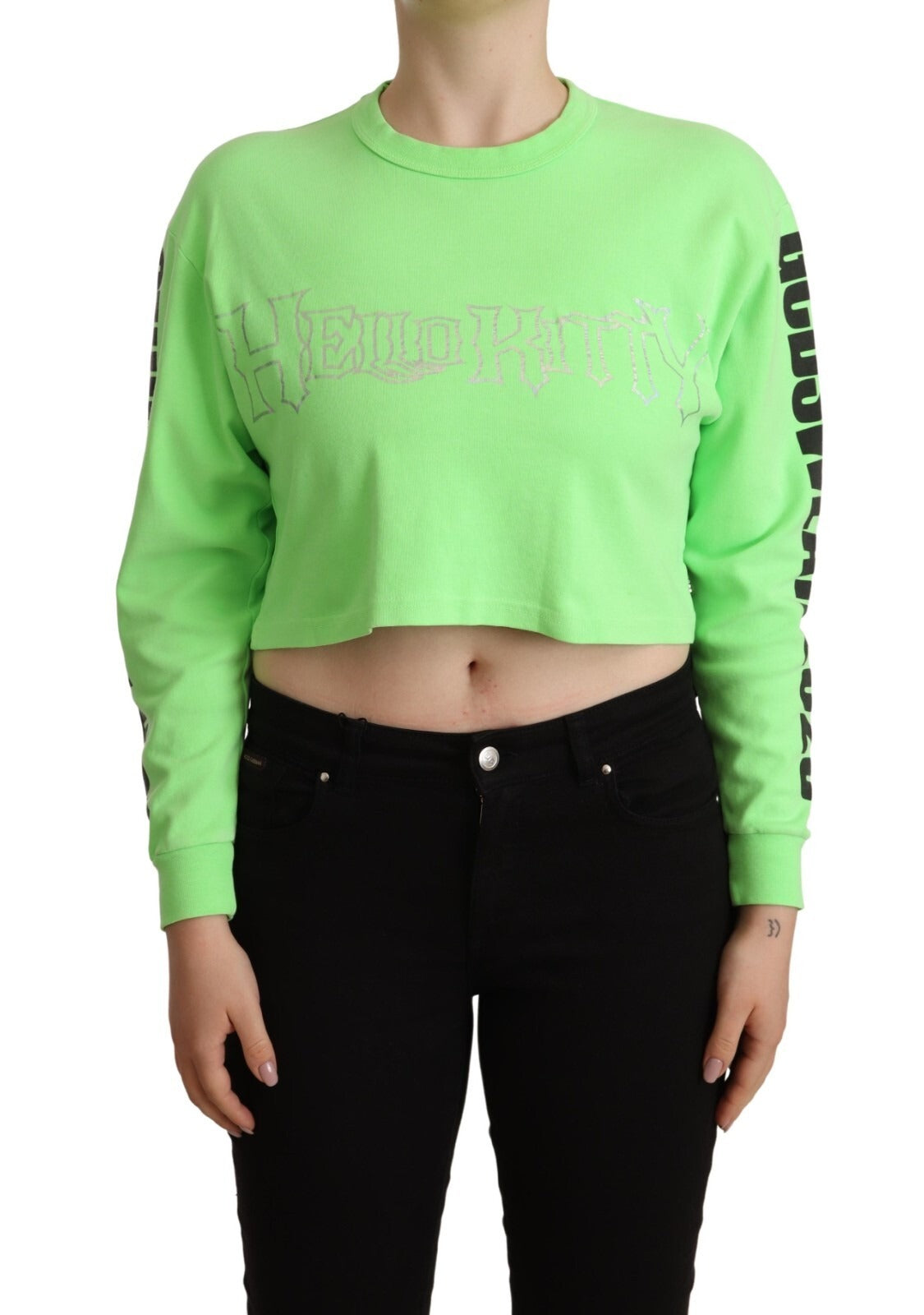 GCDS Mintgrüner bedruckter Langarm-Crop-Top-Pullover