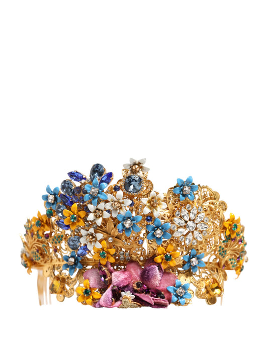 Dolce & Gabbana Gold Brass Crystal Floral Hortensia Crown Headband Tiara