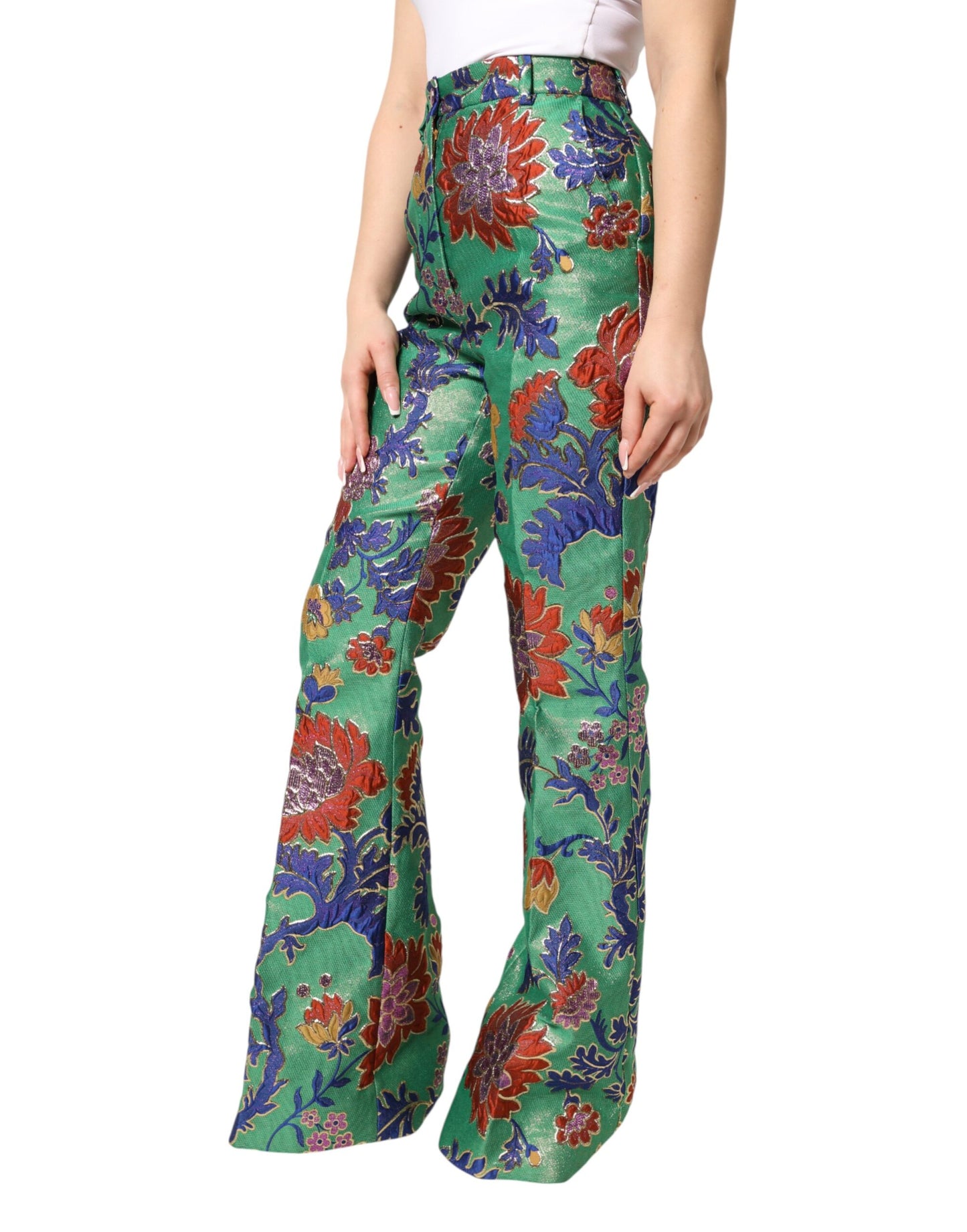Dolce & Gabbana Green Floral Polyester BootCut Trouser Pants