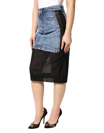 Dolce & Gabbana Blue Black Cotton Denim Sheer Midi Skirt