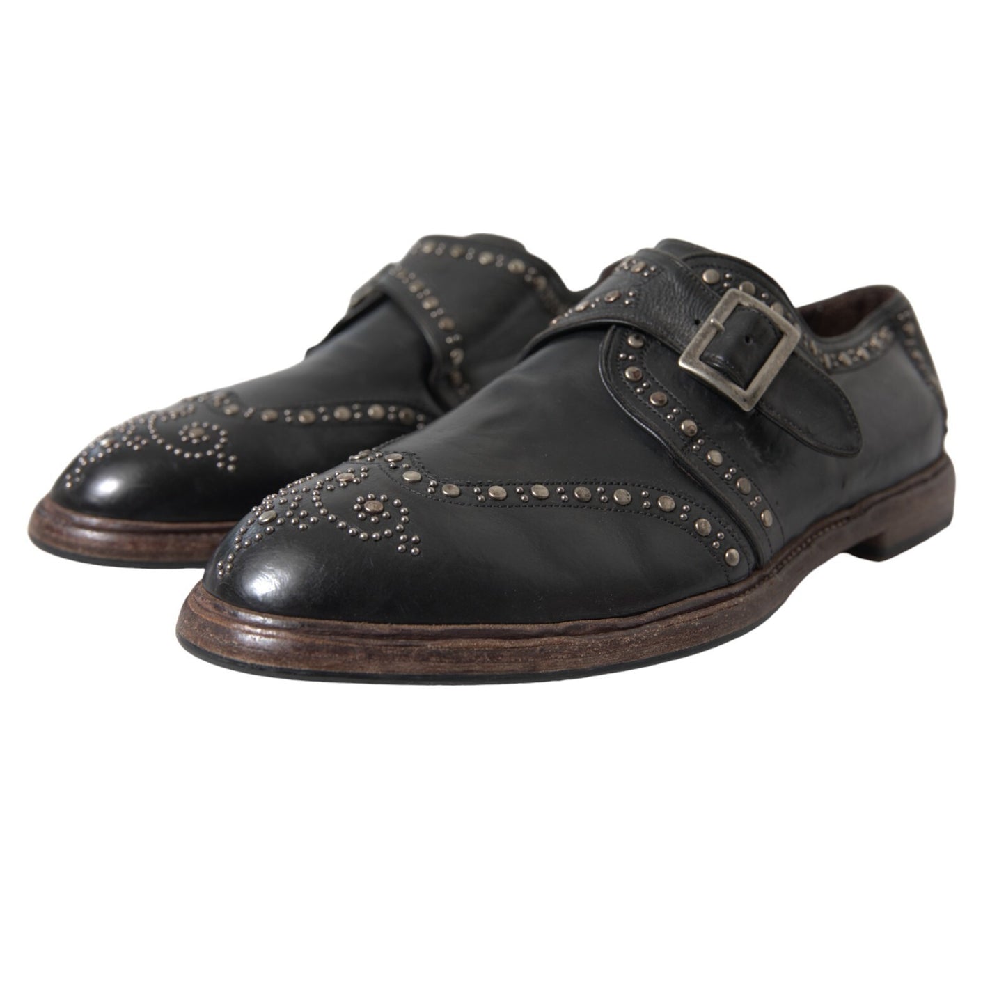 Dolce & Gabbana Black Leather Monk Strap Studded Dress Shoes