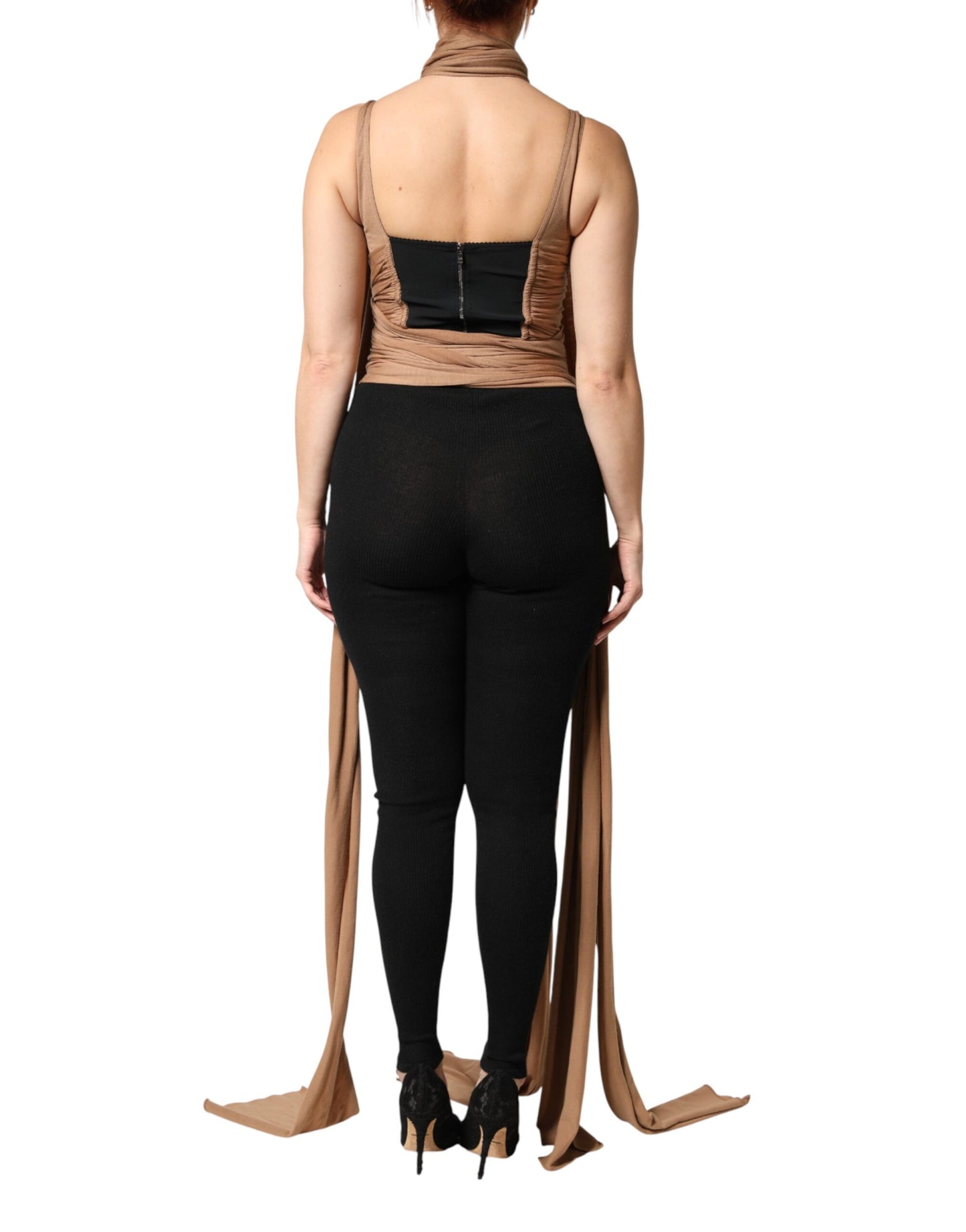 Dolce & Gabbana Brown Virgin Wool Sleeveless Scarf Tank Top