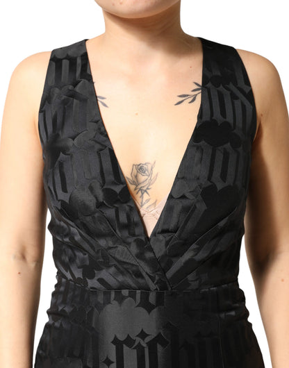 John Richmond Black Jacquard Deep V-neck Sleeveless 2 Pc Dress
