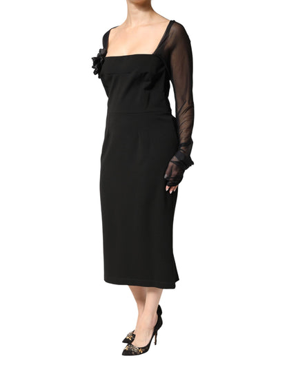 Dolce & Gabbana Black Sheer Yoke Rosette Sheath Midi Dress